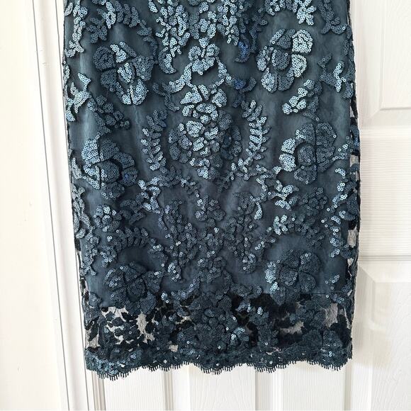 Tadashi Shoji Teal Sequin Illusion Sheath Knee Length Pailette Cocktail Dress 8 - Picture 4 of 13